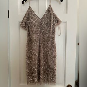 Aiden Maddox beaded dress. Blush color. Cold shoulder sheath style dress.